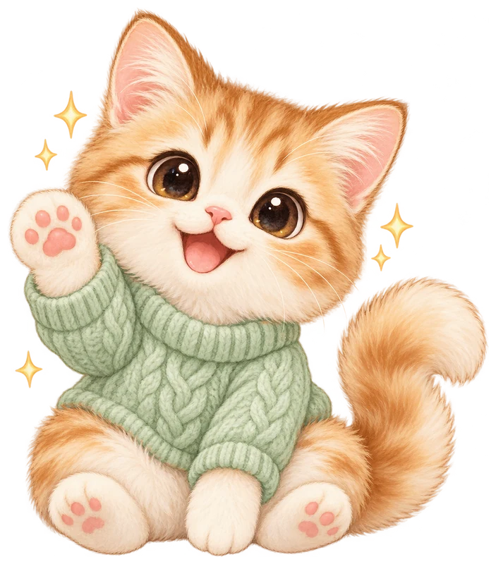 緑のセーターを着た茶トラの猫のイラスト（イメージ）