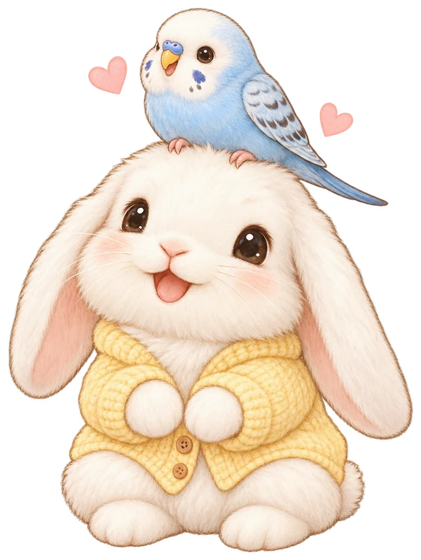 黄色いカーディガンのうさぎと、頭にのった水色のインコのイラスト（イメージ）